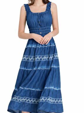 Anthropologie Lapis Light Denim Maxi Dress sz L Cottagecore Milkmade Boho